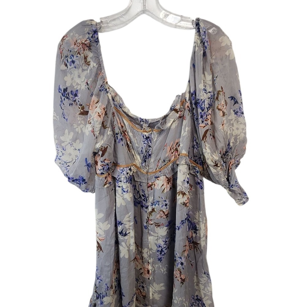 Free People Floralblouse Puff Sleeve Square Neck Size L Lavender